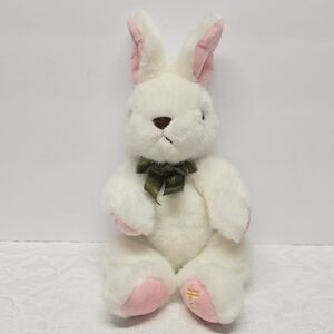 Vintage Harrods White Easter Bunny Rabbit Plush Olive Ribbon Made In Vietnam